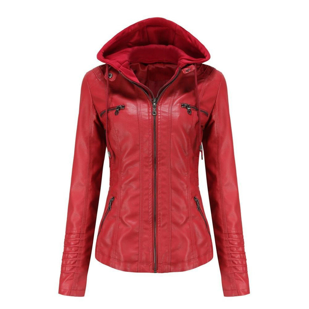 (red, 3XL) Women Spring Autumn Hooded  Two Piece Removable Large Size PU Washed Leather Jacket S-4XL