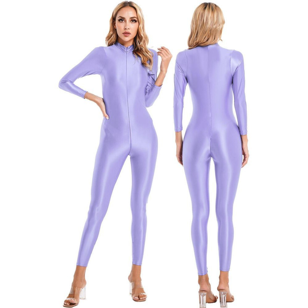 (lavender, One Size) Women&apos;s Shiny Zipper Catsuit One Piece High Neck Long Sleeves Bodysuit Leotard