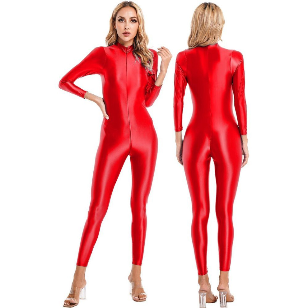 (red, One Size) Women&apos;s Shiny Zipper Catsuit One Piece High Neck Long Sleeves Bodysuit Leotard