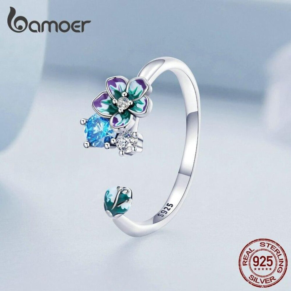 (A) BAMOER Genuine 925 Sterling Silver Enamel Colorful Flower Open Finger Rings for Women Zircon Adjustable Rings Fine Jewelry
