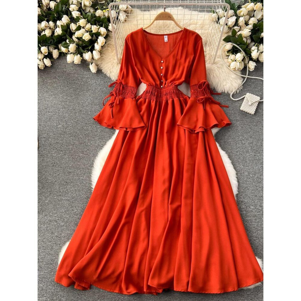 (orange, One Size) Spring Autumn new Fahison Candy Color  Long Dress Women Elegant V-Neck Flare Sleeve High Waist Holiday Beach Maxi Robe Dresses