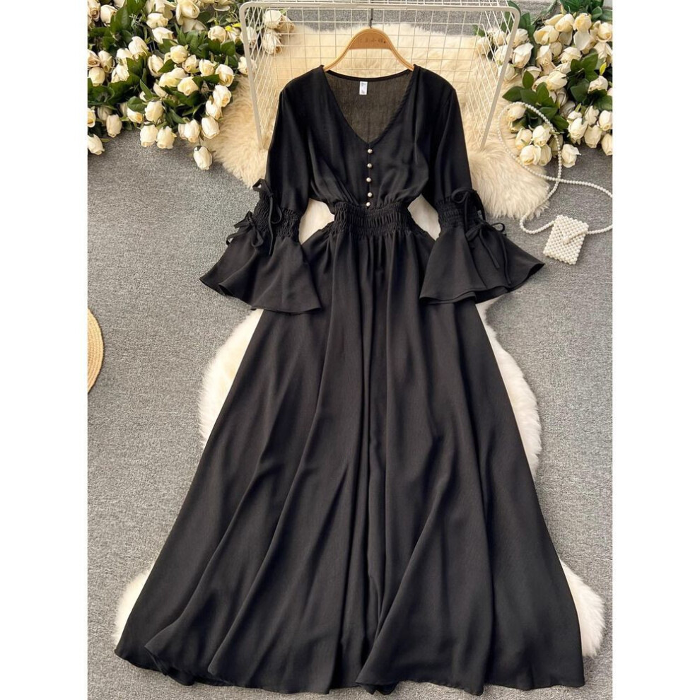 (black, One Size) Spring Autumn new Fahison Candy Color  Long Dress Women Elegant V-Neck Flare Sleeve High Waist Holiday Beach Maxi Robe Dresses