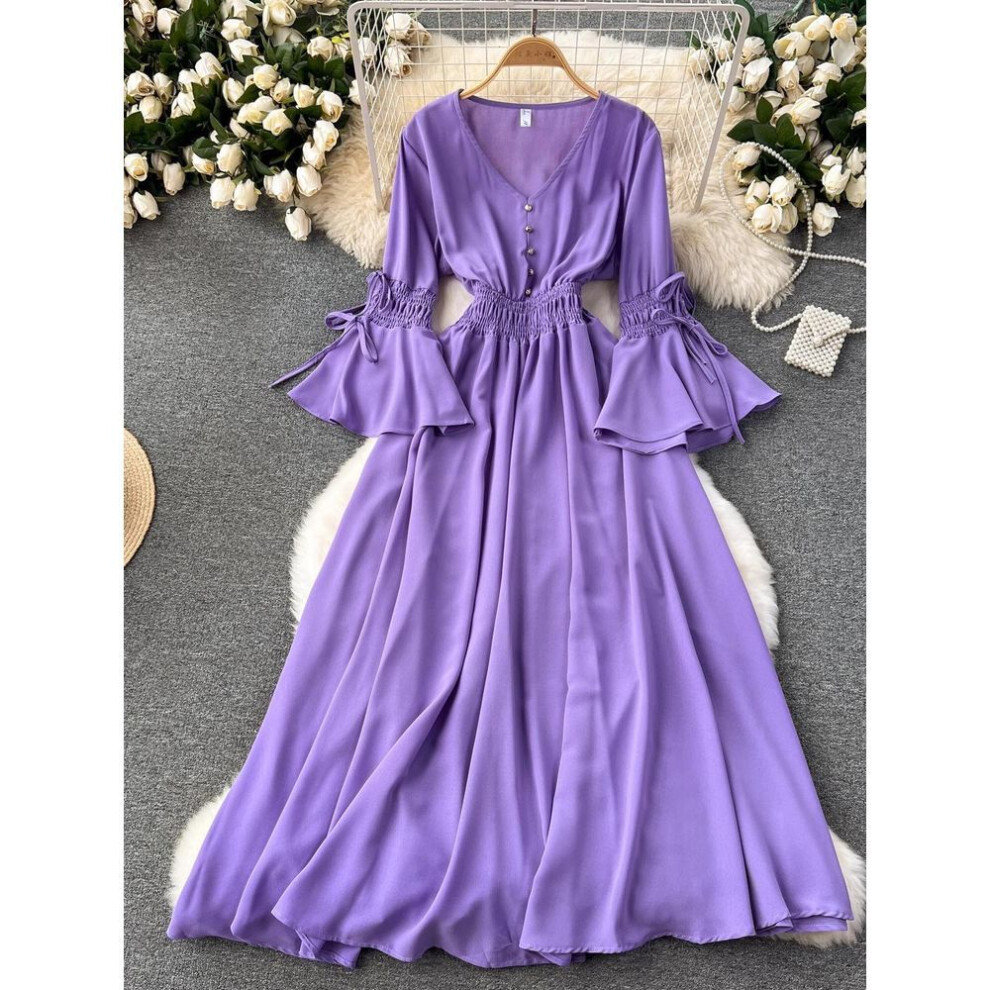 (purple, One Size) Spring Autumn new Fahison Candy Color  Long Dress Women Elegant V-Neck Flare Sleeve High Waist Holiday Beach Maxi Robe Dresses