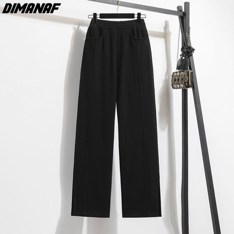 (black, 2XL) DIMANAF 2023 Plus Size Winter Long Pants Women Elastic Solid Casual Loose Full Length Basic Lady Trousers Pants Cotton Thick A