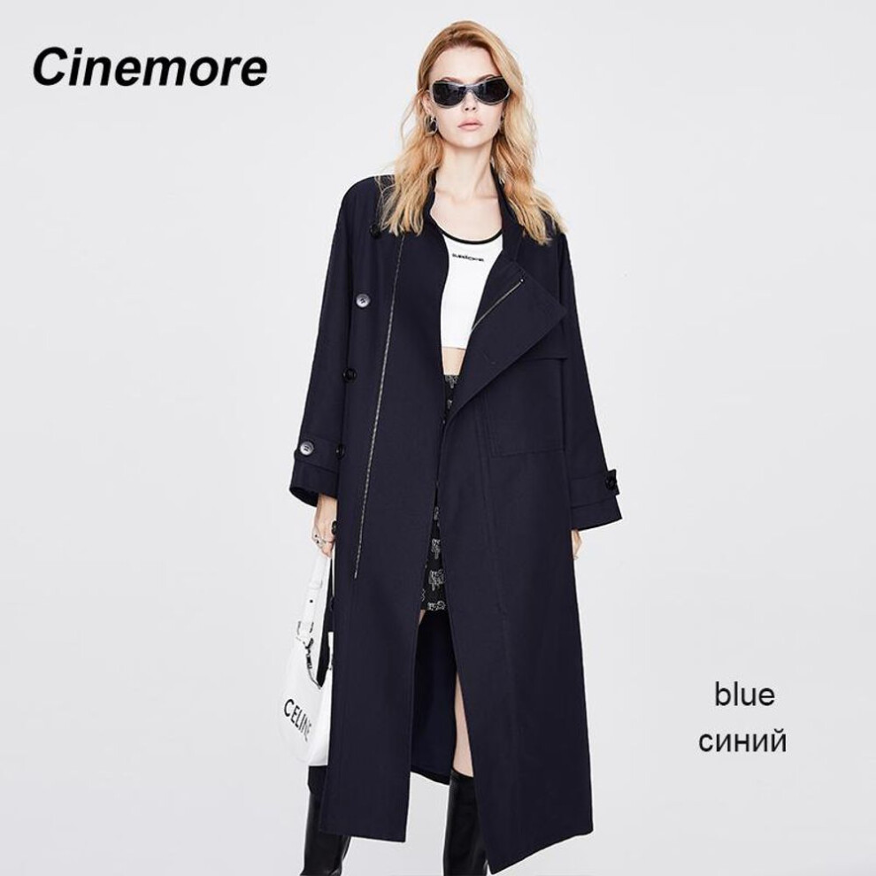 (blue, M) Cinemore women&apos;s windbreaker 2022 NEW Casual long trench coat Solid Outwear Fashion Vintage Autumn Cloak Warm Loose Jacket 92222