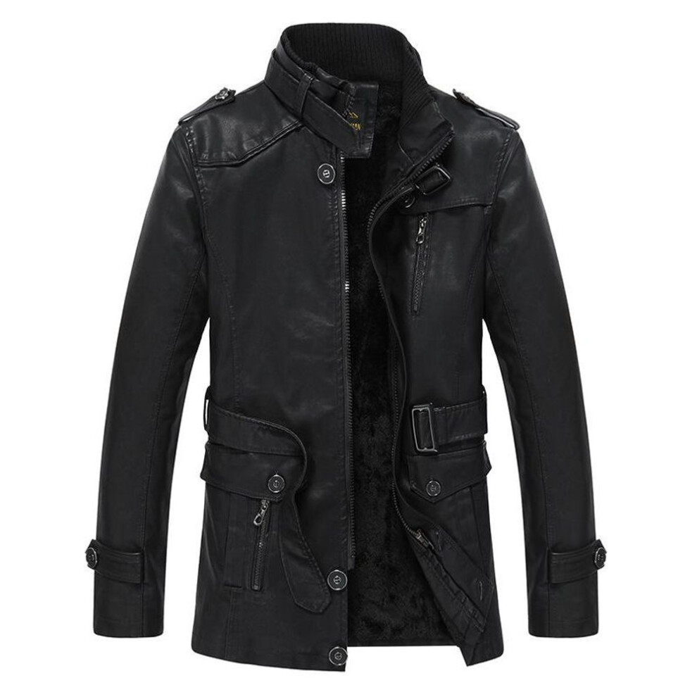 (black, XL) Men&apos;s Winter Long Thickening Fleece-Lined Coat Warm Long Trench Leather Jacket Outerwear