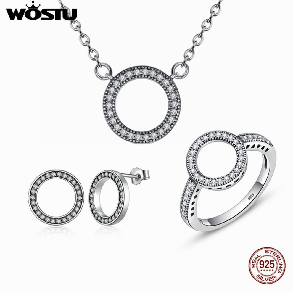 (Jewelry Set (Ring size 7)) WOSTU Simple Round 925 Sterling Silver Necklace & Rings & Earrings Dazzling Zircon Jewelry Set