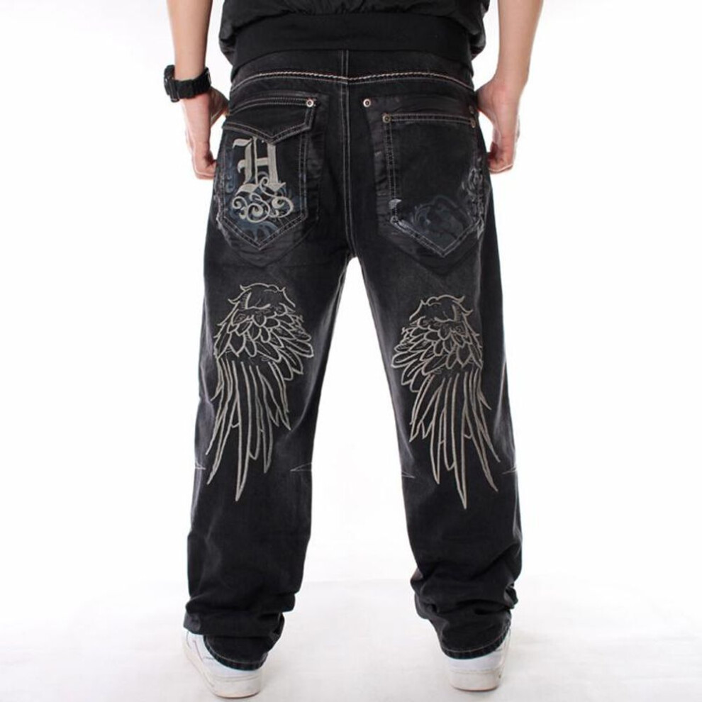 (black, 34) Man Loose Baggy Jeans Hiphop Skateboard Embroidery Denim Slacks Pants Men&apos;s Black Trousers Chinese Size 30-46