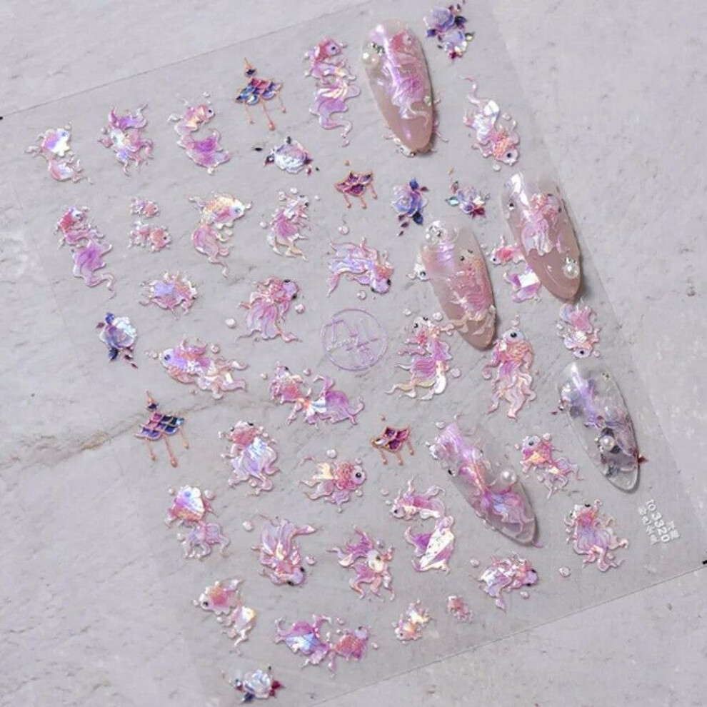 (Pink) 1Pcs Embossed Glitter Fish Nail Art Stickers Pink Yellow Red Self-adhesive Transfer Nail Decorations Slider Decals DIY