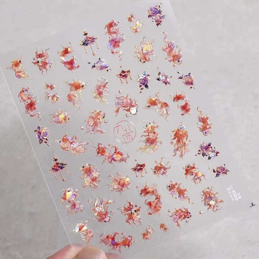 (Red) 1Pcs Embossed Glitter Fish Nail Art Stickers Pink Yellow Red Self-adhesive Transfer Nail Decorations Slider Decals DIY
