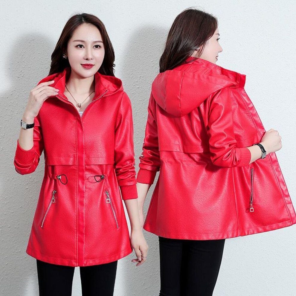 (red, L) Women &apos;S Leather Jacket Mid -Length Coat Casual Leather Jacket