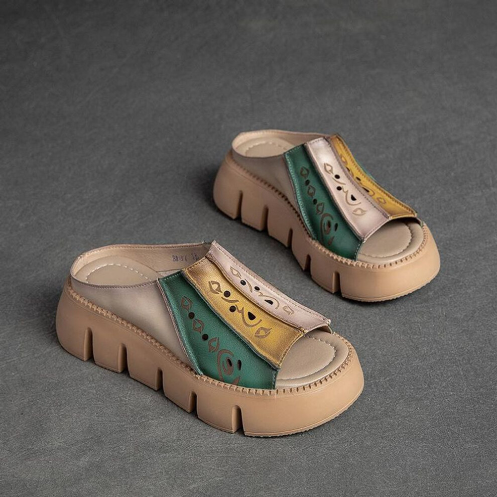 (green, 38) Johnature Genuine Leather Thick Soles Sandals Women Retro Wedges Slides Comfortable Outdoor Platform Slippers