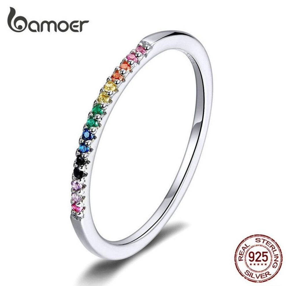 (9) BAMOER 925 Sterling Silver Rainbow Color CZ Finger Rings for Women Stackable Match Jewelry