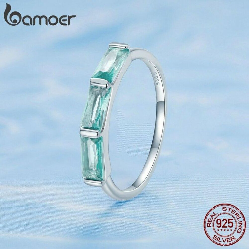 (7) BAMOER 925 Sterling Silver Light Green Square Zircon Finger Ring Simple Fashion Rings for Women Anniversary Birthday Gift