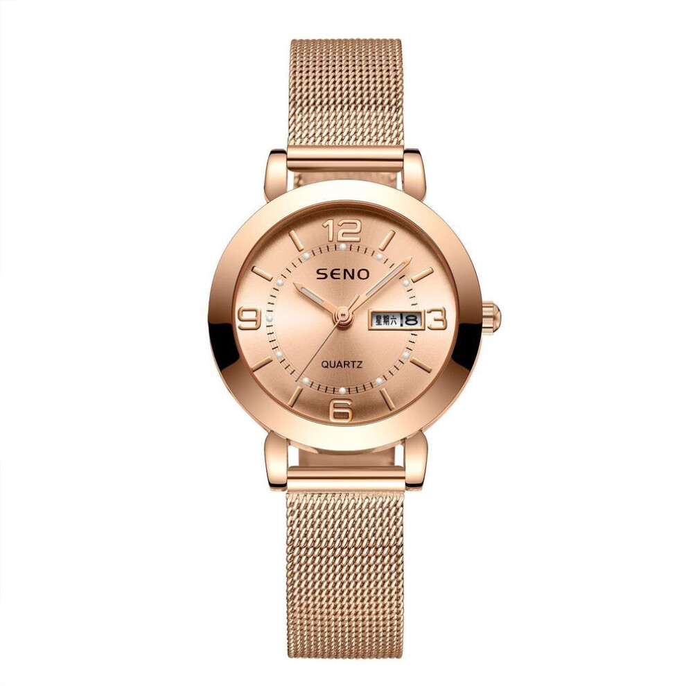 (Gold) Women Fashion Mesh Belt Quartz Watch Ladies Watch Luminous Waterproof Dual Calendar Female Student Steel Belt Watch