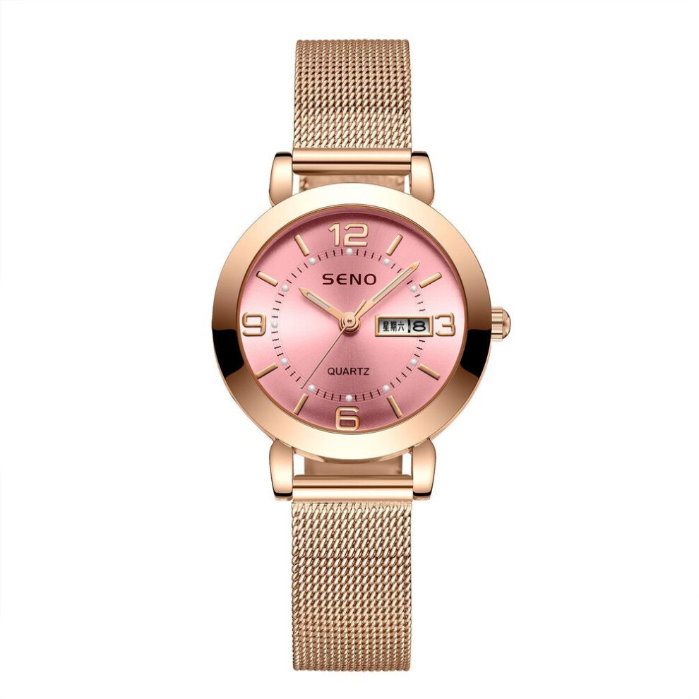 (Pink) Women Fashion Mesh Belt Quartz Watch Ladies Watch Luminous Waterproof Dual Calendar Female Student Steel Belt Watch