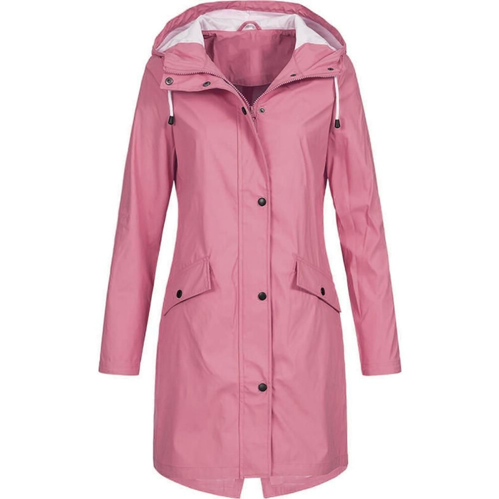 (pink, 2XL) Women&apos;s Solid Rain Jacket Outdoor Hoodie Waterproof Long Coat Overcoat Windproof
