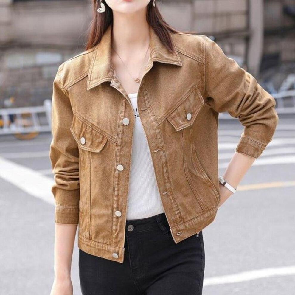 (khaki, S) Korean Fashion Hong Kong Style Jeans Coat Autumn Winter Denim Jacket Women Tops Short Jackets Solid Color Loose Clothes 29281