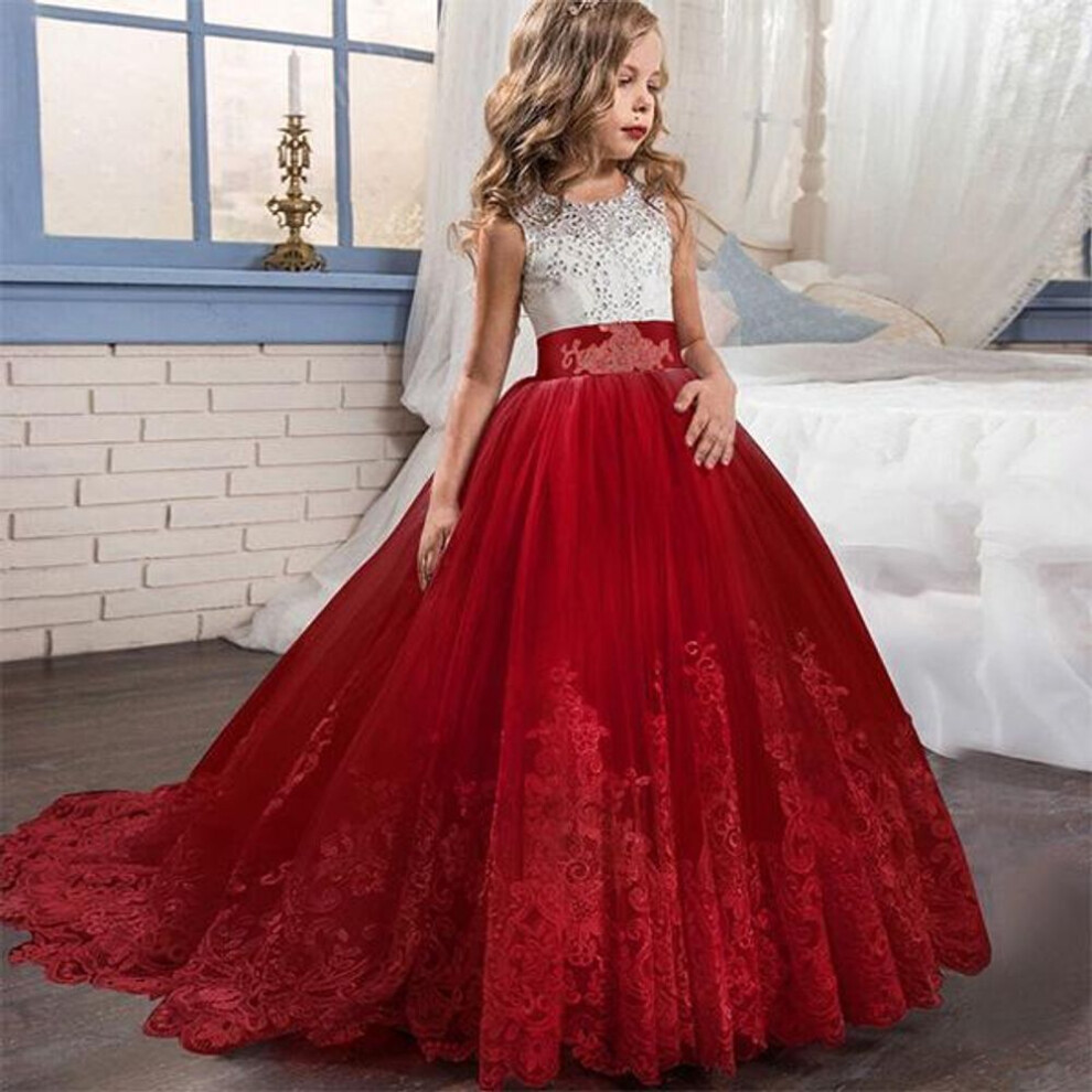 (red, 160cm) Girls Princess Dress Elegant Wedding Party Prom Evening Dress Trailing Flower Dress White First Holy Communion Formal Lace Dress for Girls