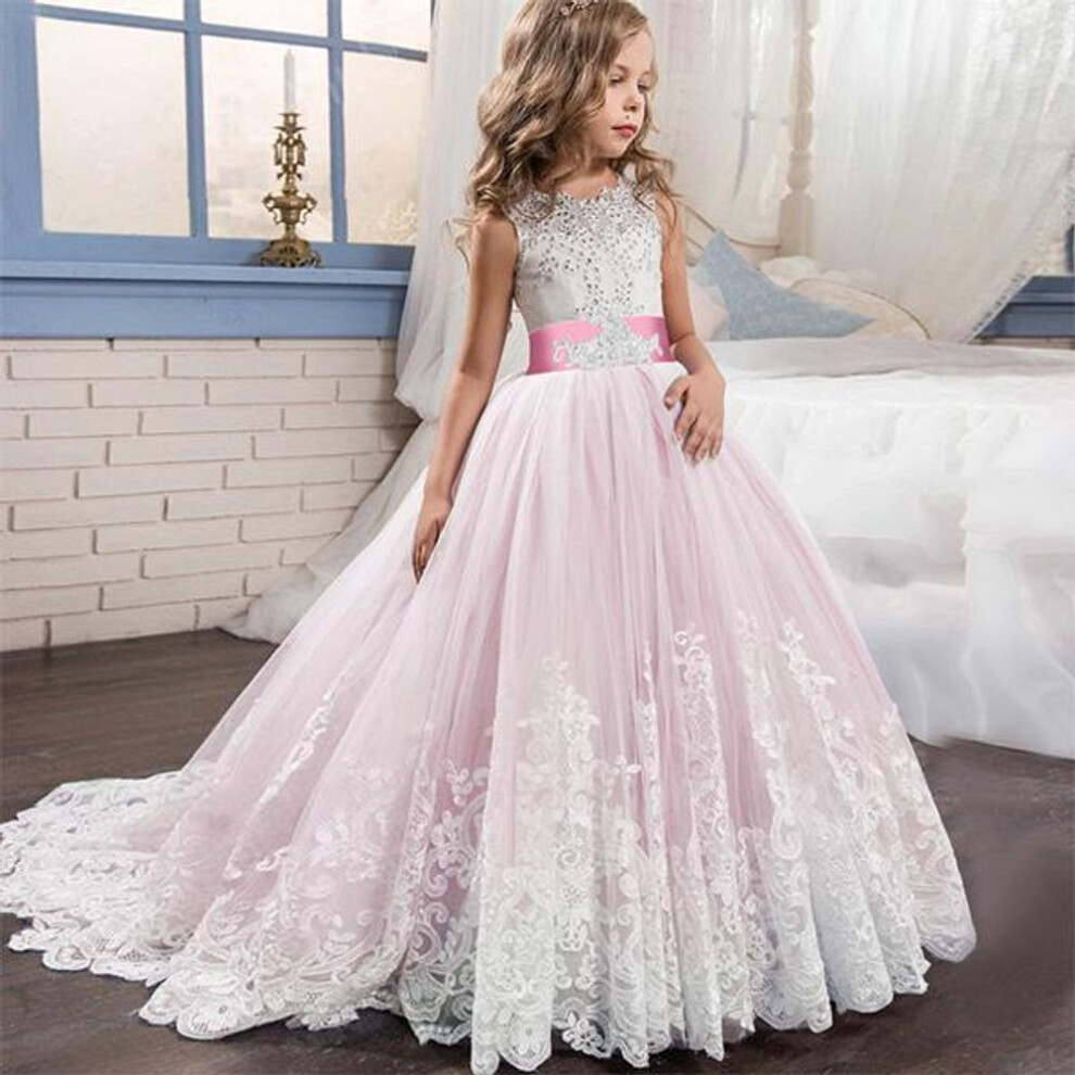 (pink, 140cm) Girls Princess Dress Elegant Wedding Party Prom Evening Dress Trailing Flower Dress White First Holy Communion Formal Lace Dress for Girls