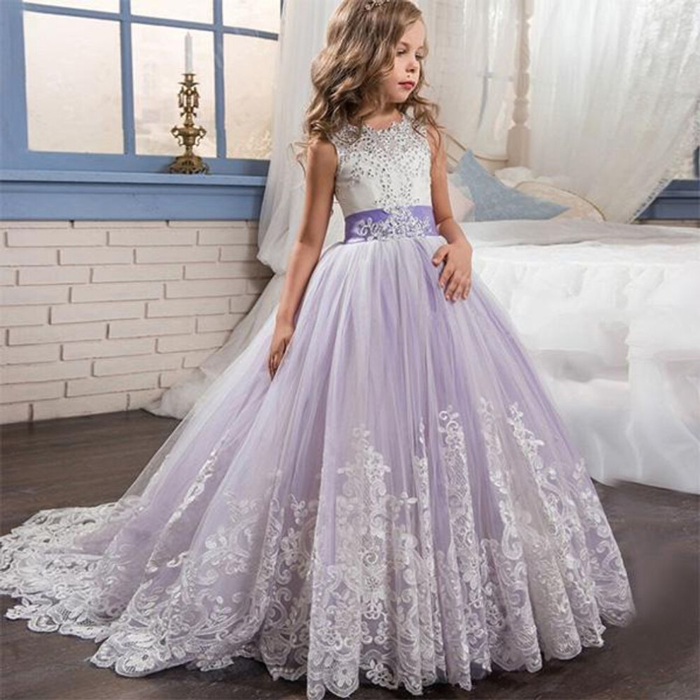 (purple, 140cm) Girls Princess Dress Elegant Wedding Party Prom Evening Dress Trailing Flower Dress White First Holy Communion Formal Lace Dress for Girls