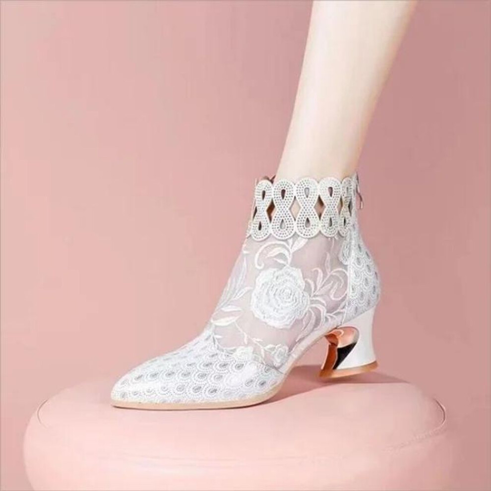 (beige, 41) New  Summer Mesh Breathable Sandals with Rhinestone Decoration Shaped Heels Retro British Style Sandals Leather Boots Women