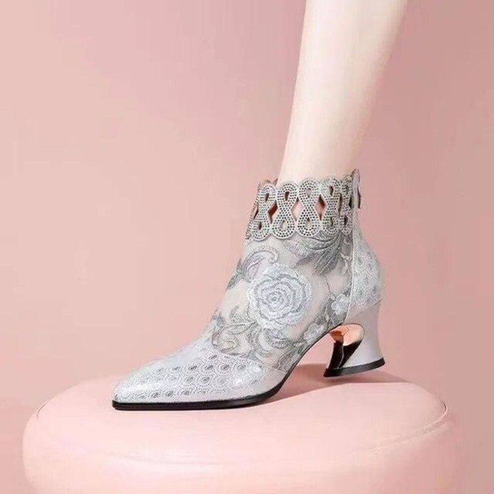 (silver, 40) New  Summer Mesh Breathable Sandals with Rhinestone Decoration Shaped Heels Retro British Style Sandals Leather Boots Women