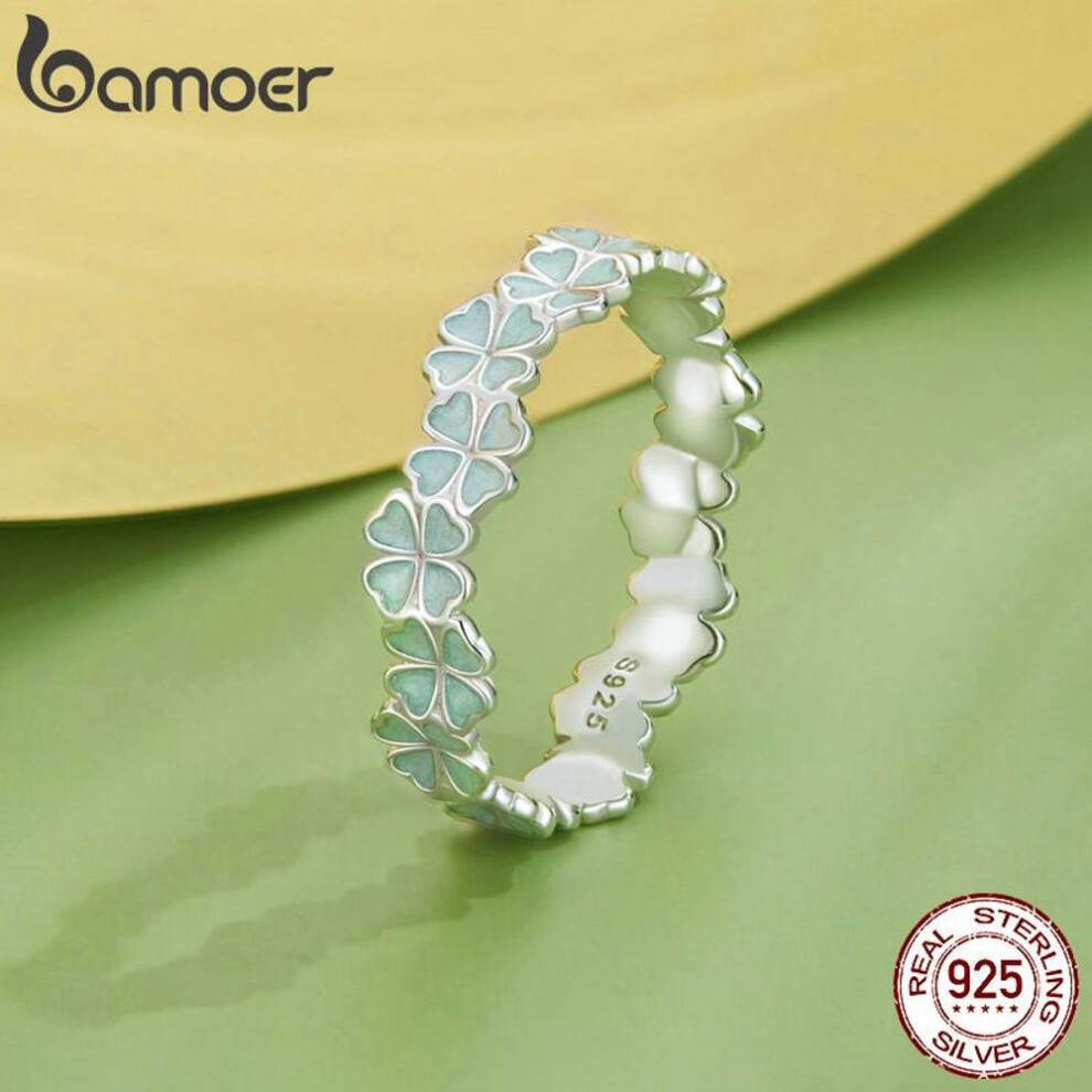 (8) BAMOER 925 Sterling Silver Four-Leaf Clover Ring Mint Green Leaves Vine Ring Fine Jewelry Gift for Women Party