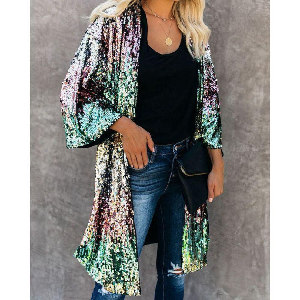 (as the picture, XXL) FASHION Cardigan Coat Classic Sleeve Skin-touch Gown Cape Daily Clothing  Women Shiny Sequins Mid-length Cape Jacket Women Coat