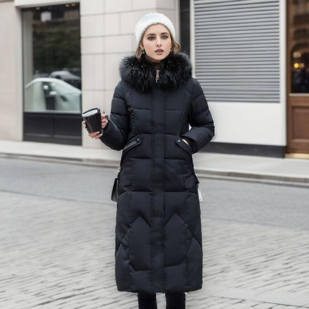 (black, XXXXL) Women&apos;s Mid Length Winter Fashionable Slim Fitting Cotton Jacket with Large Fur Collar and Thickened Cotton Jacket