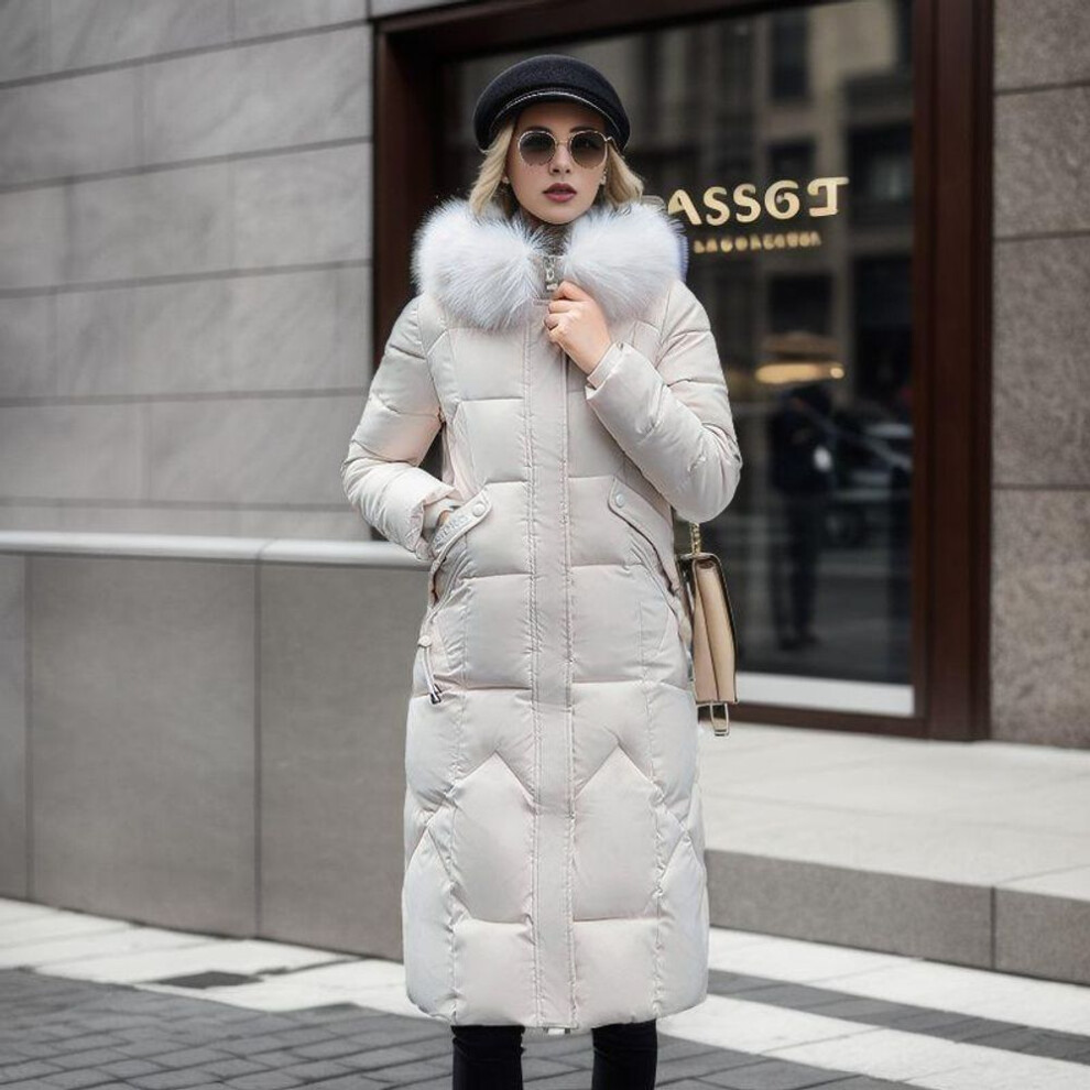 (white, XXXL) Women&apos;s Mid Length Winter Fashionable Slim Fitting Cotton Jacket with Large Fur Collar and Thickened Cotton Jacket