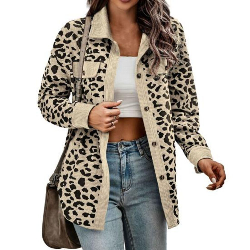 (apricot, 3XL) Women Spring Autumn Thin Shirt Coat Lapel Long Sleeve Single Breasted Leopard Patchwork Color Loose Fit Jacket Outwear
