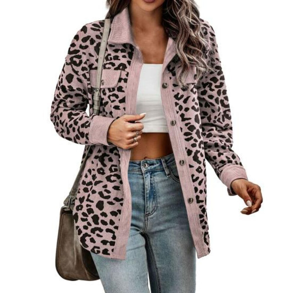 (pink, L) Women Spring Autumn Thin Shirt Coat Lapel Long Sleeve Single Breasted Leopard Patchwork Color Loose Fit Jacket Outwear