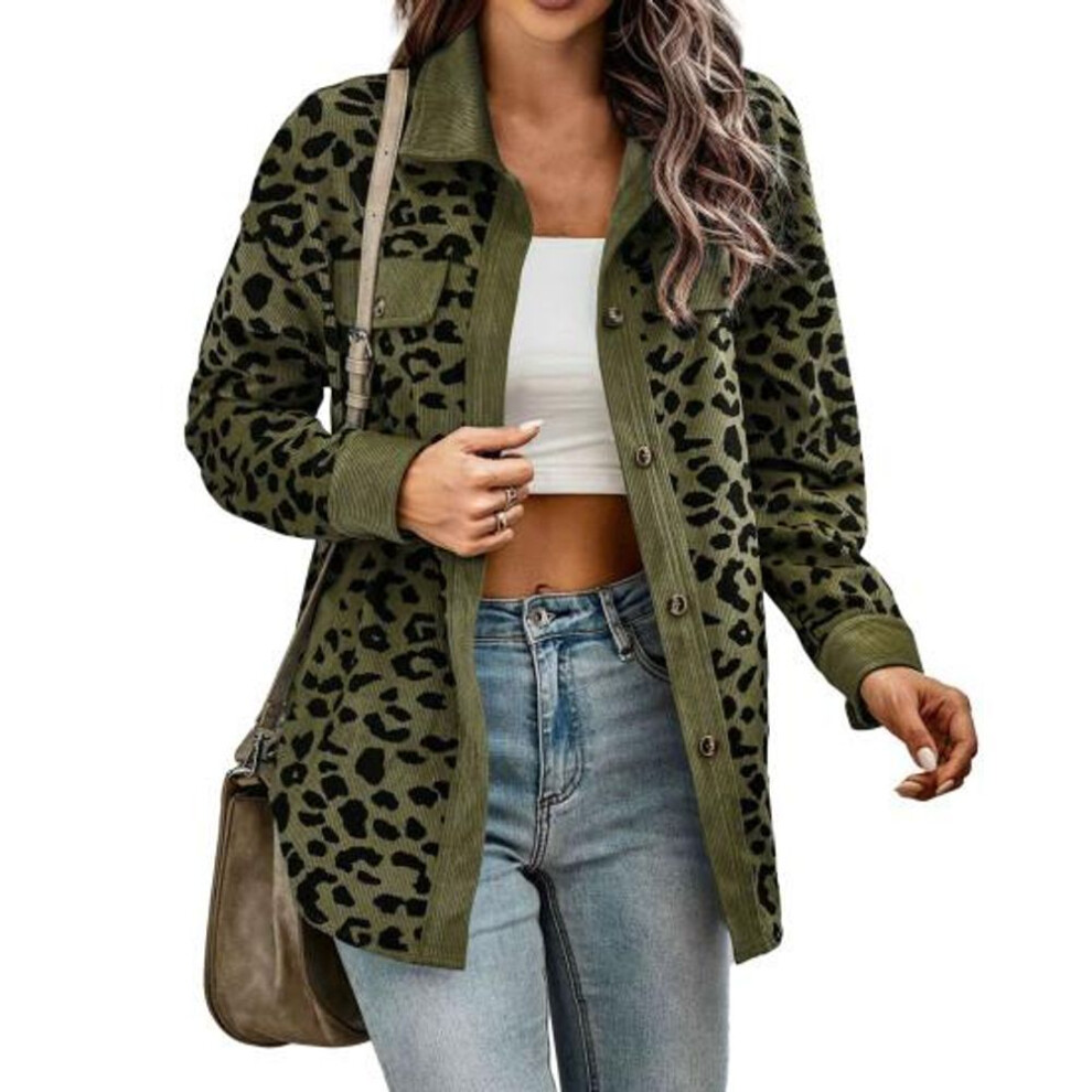 (army green, M) Women Spring Autumn Thin Shirt Coat Lapel Long Sleeve Single Breasted Leopard Patchwork Color Loose Fit Jacket Outwear