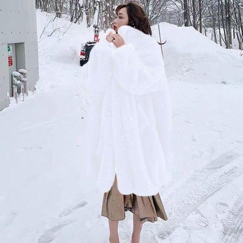 (white, L) Winter Faux Fur Red Rex Rabbit Fur Mink Fur Coat Long Winter Thickened Fur Coat Loose Furry Imitation Fur Long Coat