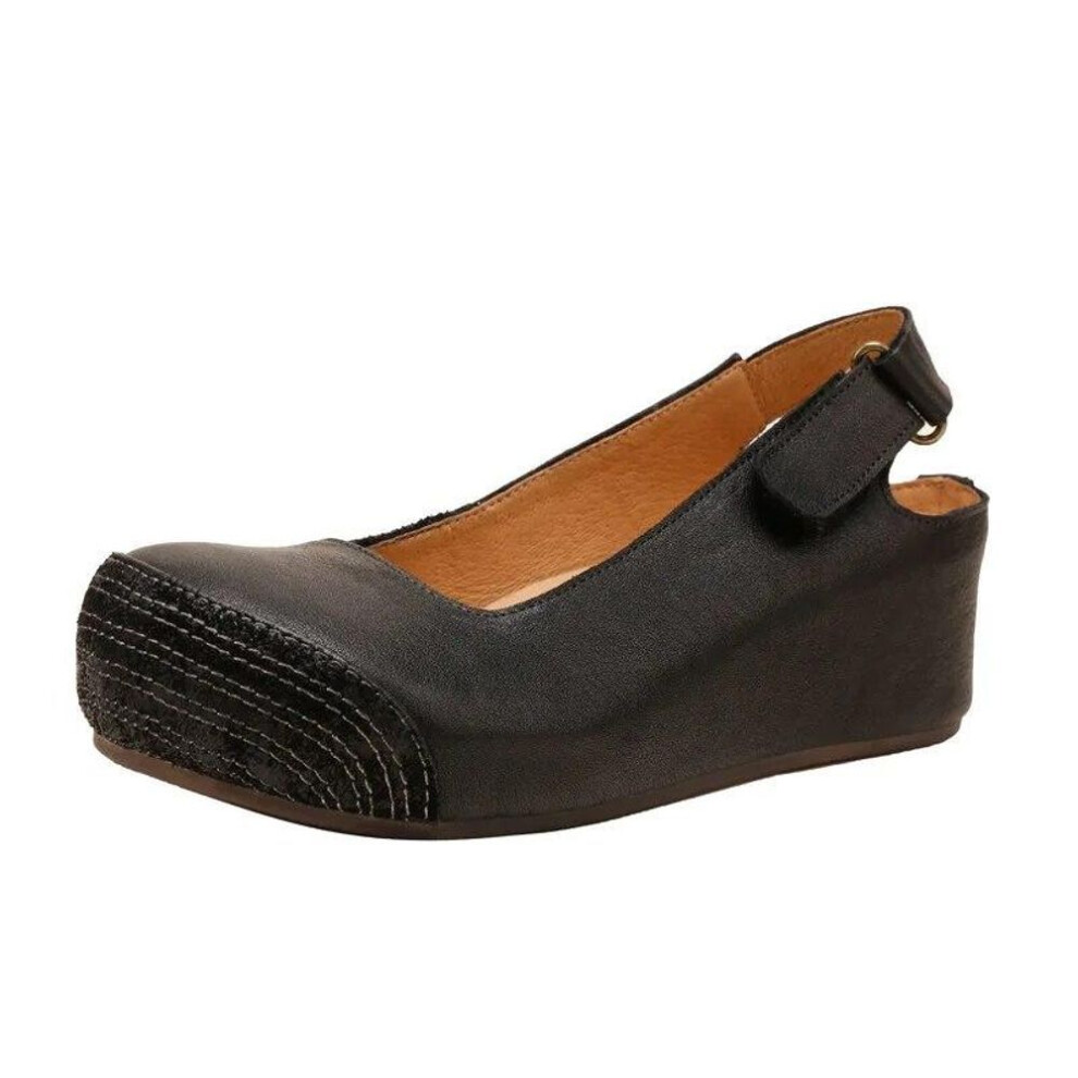 (black, 37) Johnature Retro Genuine Leather Wedges Sandals Round Toe Comfortable Shallow Soft Sole Women&apos;s Shoes