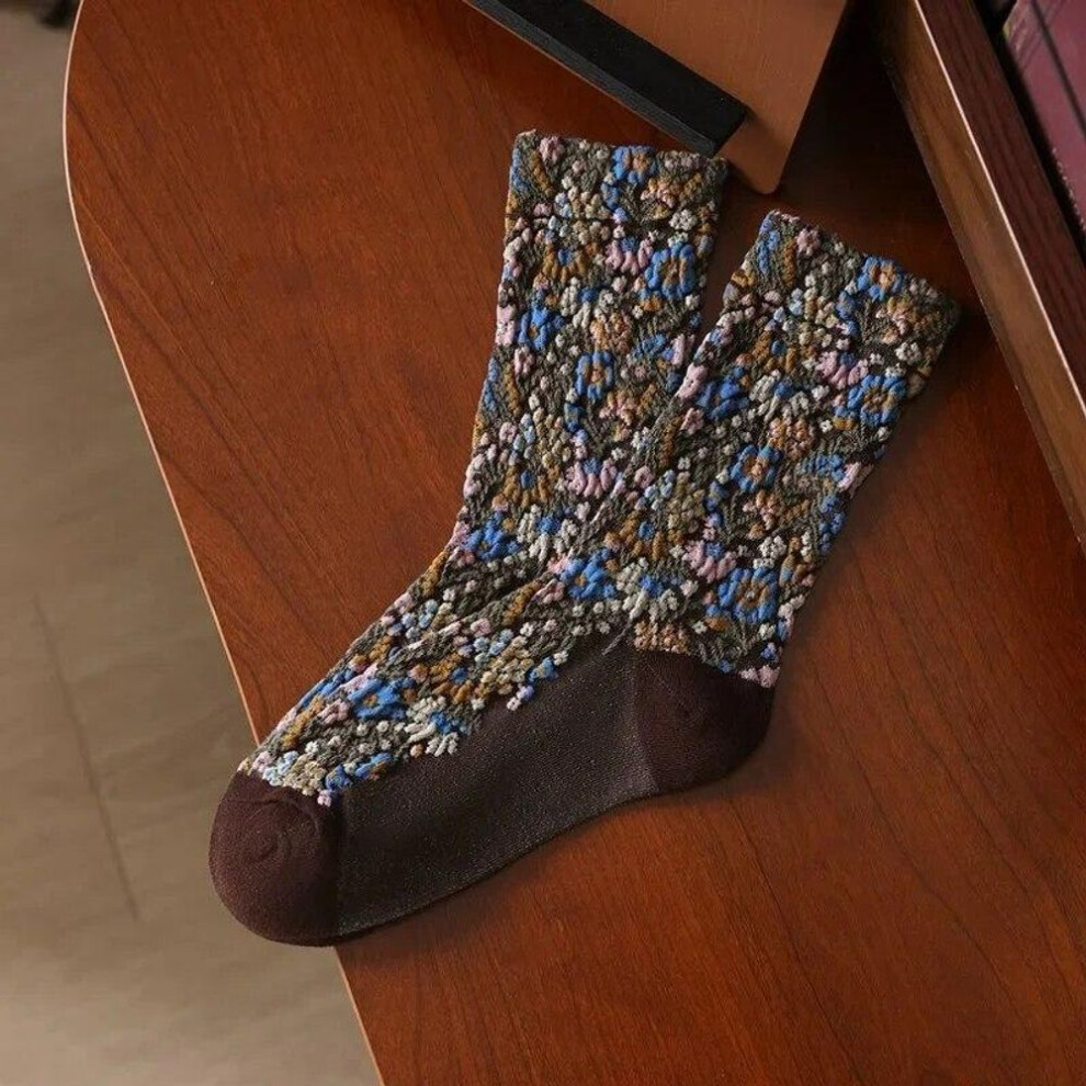 (Coffee, One Size) Retro Ethnic Funny Thermal Cheap Slippers Clothes Women Korean Harajuku Style Vintage 3D Flower Embroidery Socks for Girls Items