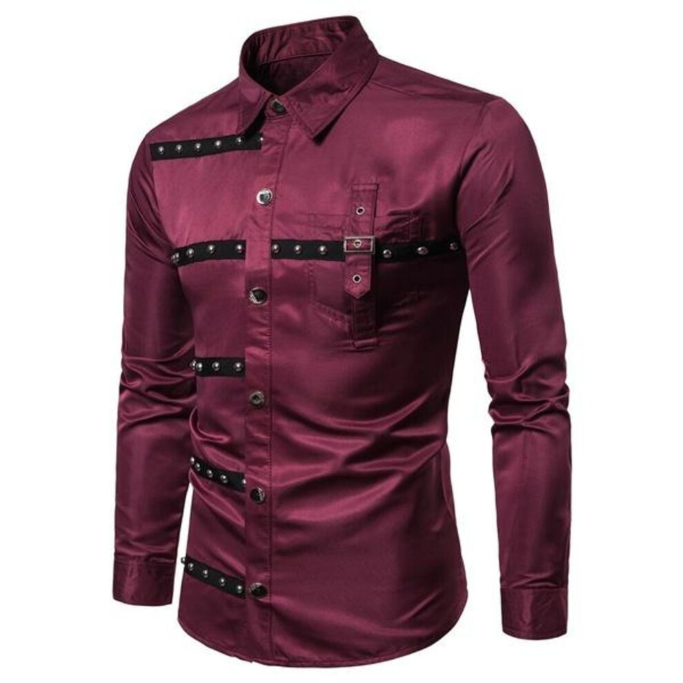 (wine red, XXXL) Men&apos;s Long-sleeved Shirt New Fashion Gothic Diamond-studded Long-sleeved Shirt Performance Costume