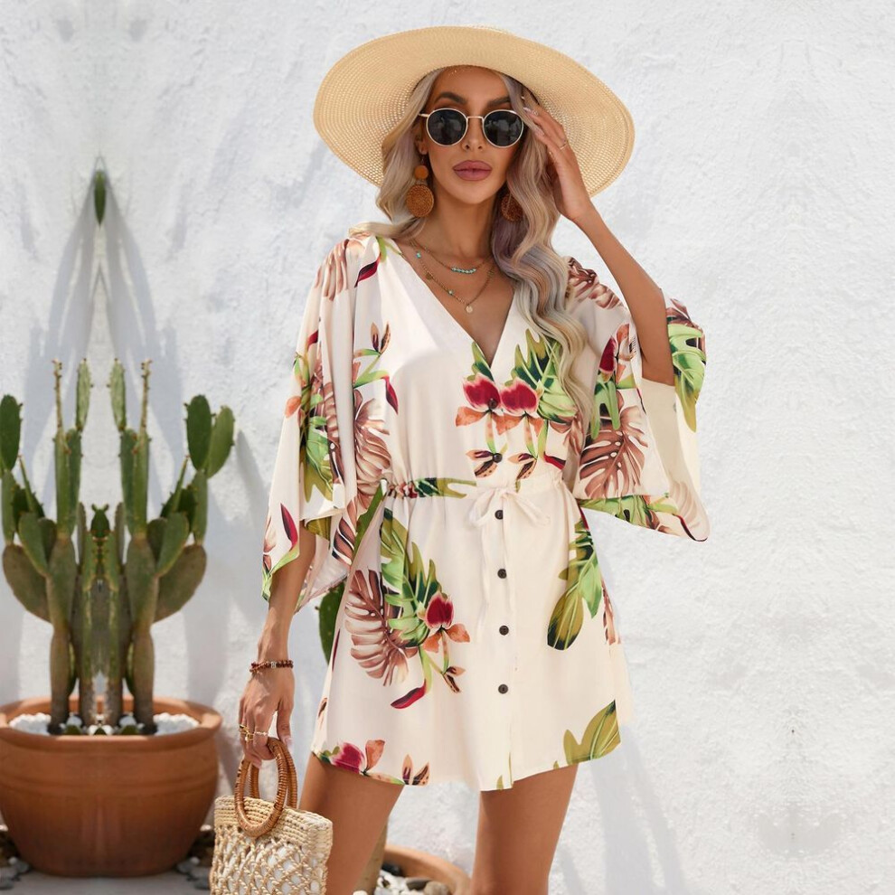 (apricot, S) Women V Neck Summer Leaf Print Short Sleeve Single Breasted Drawstring Loose Dresses