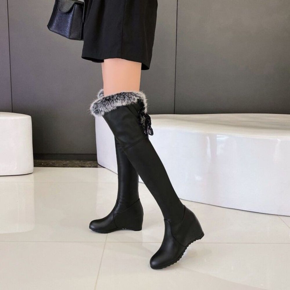 (black, 38) Inner Increased Wedge Over The Knee Boots Women Autumn  Winter Snow Boots Stretch High Boots Plus Velvet Leather Thigh High Boots
