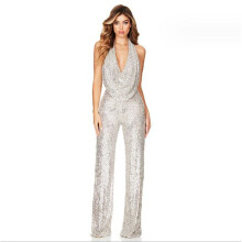 (silver, M) Women's Sexy Backless Sequin Jumpsuit Slim Fitting Sleeveless Jumpsuit