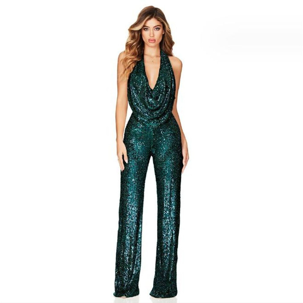 (green, S) Women&apos;s Sexy Backless Sequin Jumpsuit Slim Fitting Sleeveless Jumpsuit-image-OPC-PFV9R67-NEW