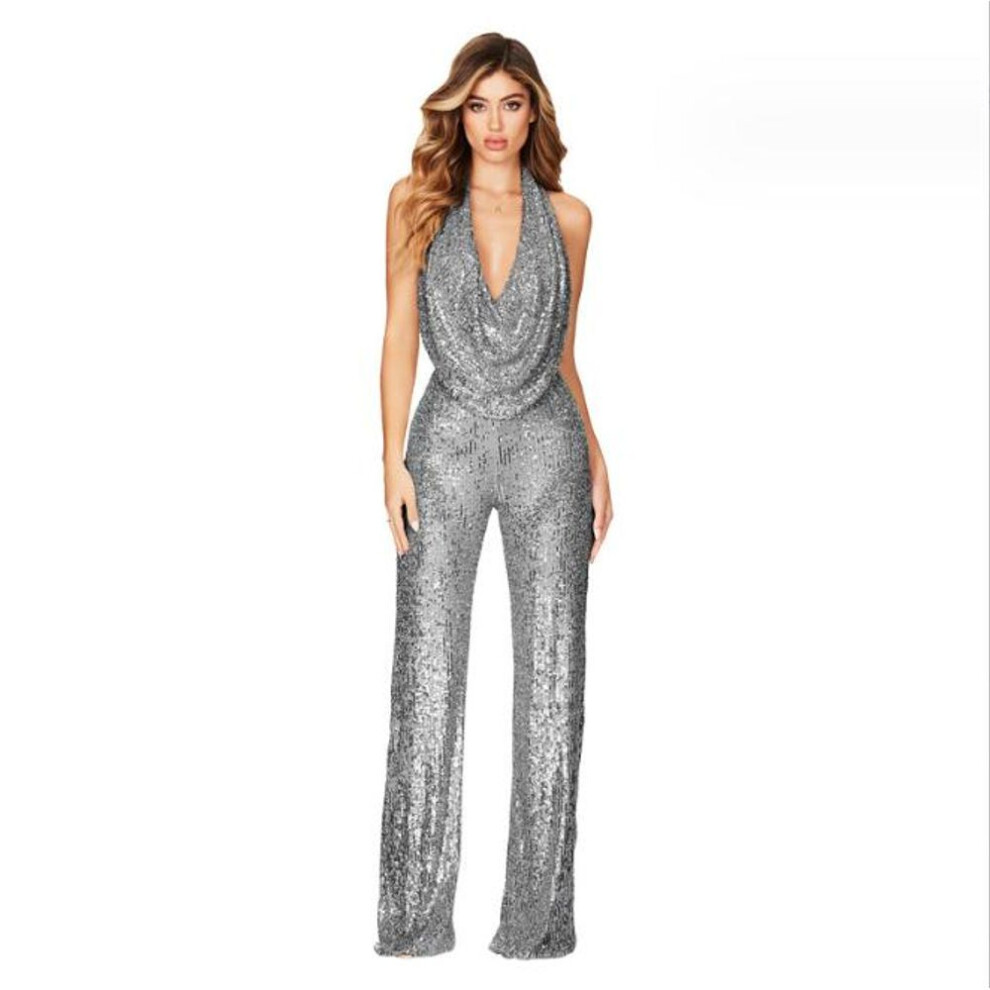(grey, L) Women&apos;s Sexy Backless Sequin Jumpsuit Slim Fitting Sleeveless Jumpsuit-image-OPC-PFV9R5X-NEW