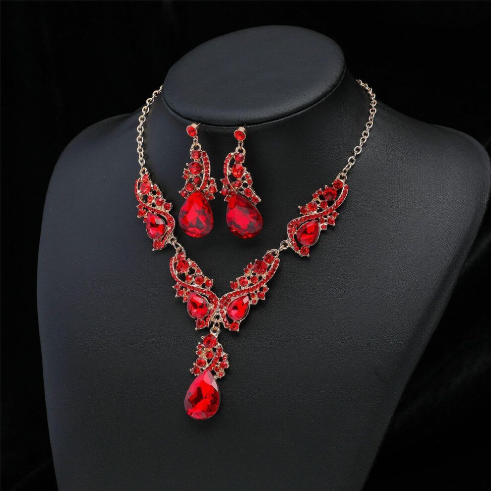 (red) 2Pcs/Set Women Rhinestone Pendant Vintage Necklace Earrings Jewelry