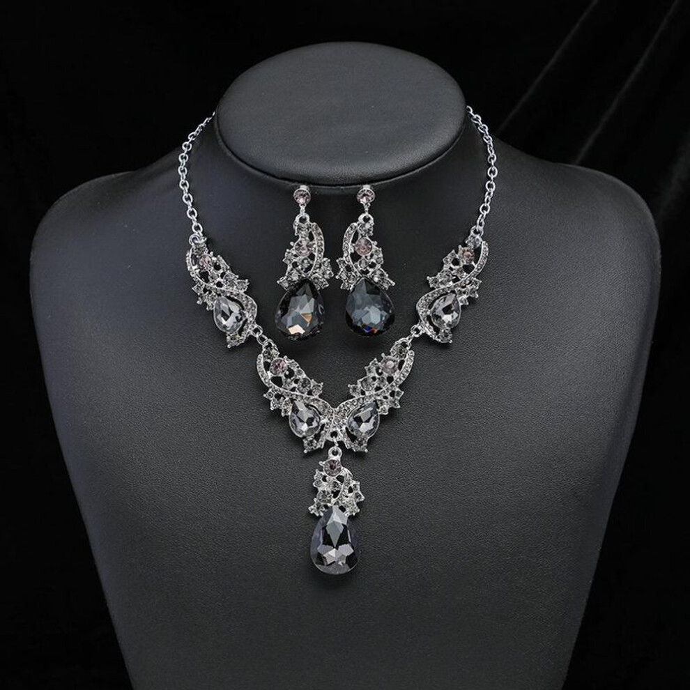 (gray) 2Pcs/Set Women Rhinestone Pendant Vintage Necklace Earrings Jewelry