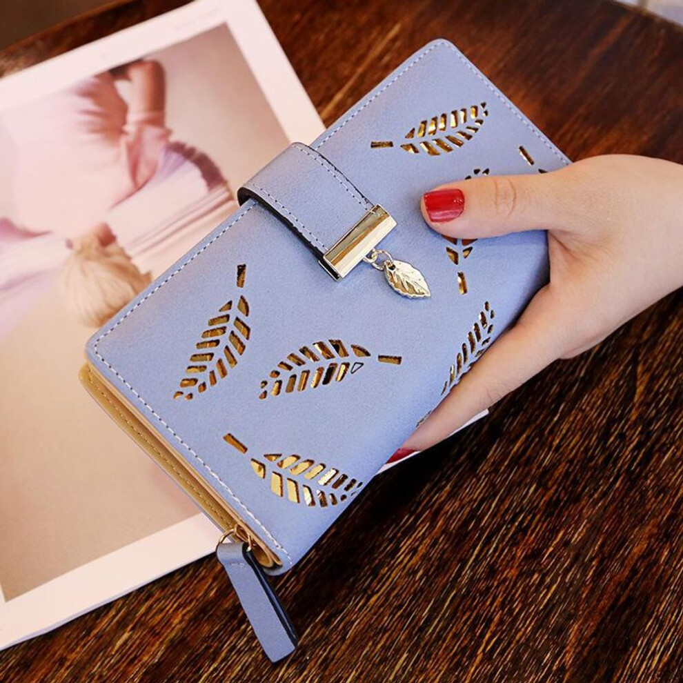 (blue, 19*3.5*9.5cm) Yogodlns Women Hollow Out Leaf Long Clutch Purse Card Holder Bifold Leather Wallet