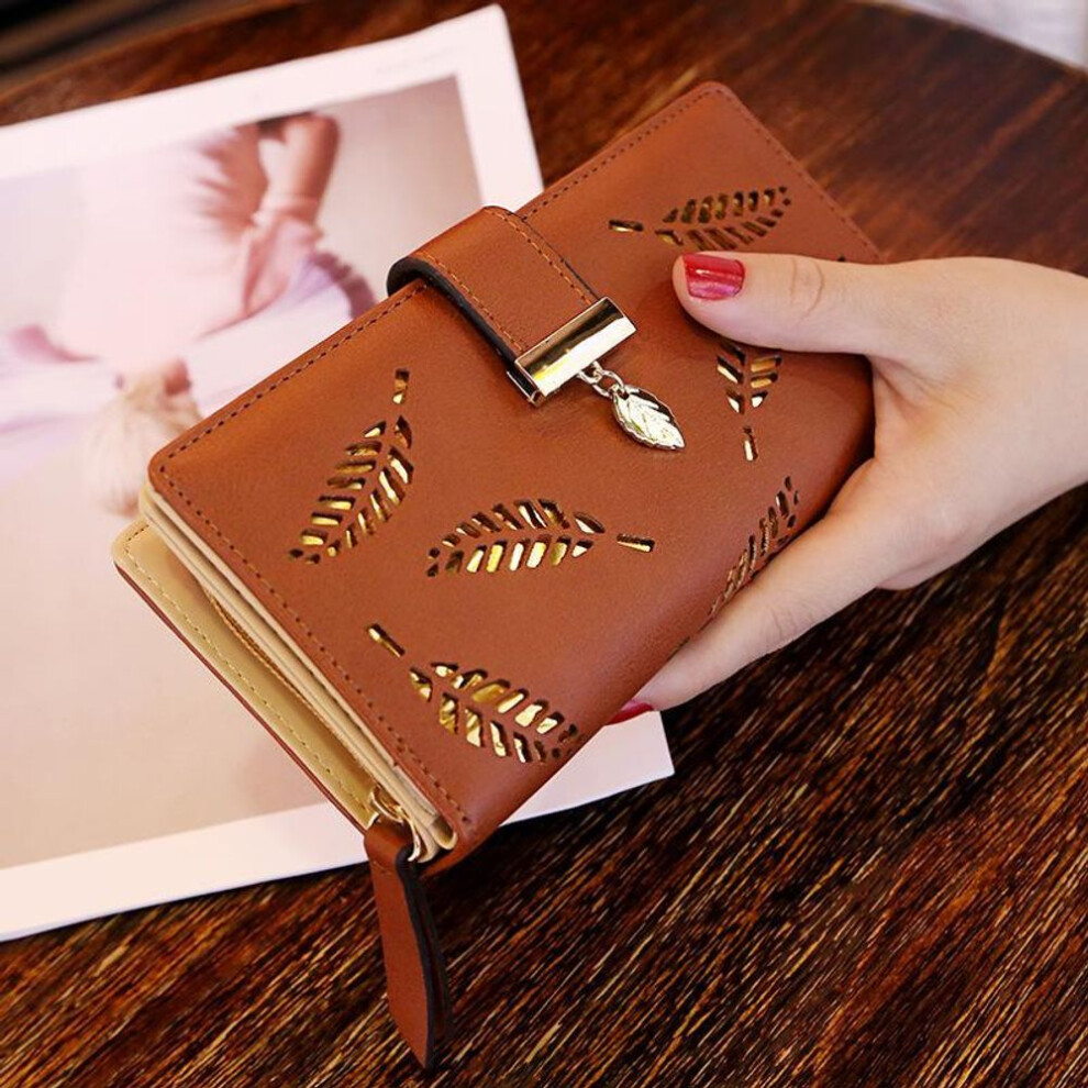 (coffee, 19*3.5*9.5cm) Yogodlns Women Hollow Out Leaf Long Clutch Purse Card Holder Bifold Leather Wallet