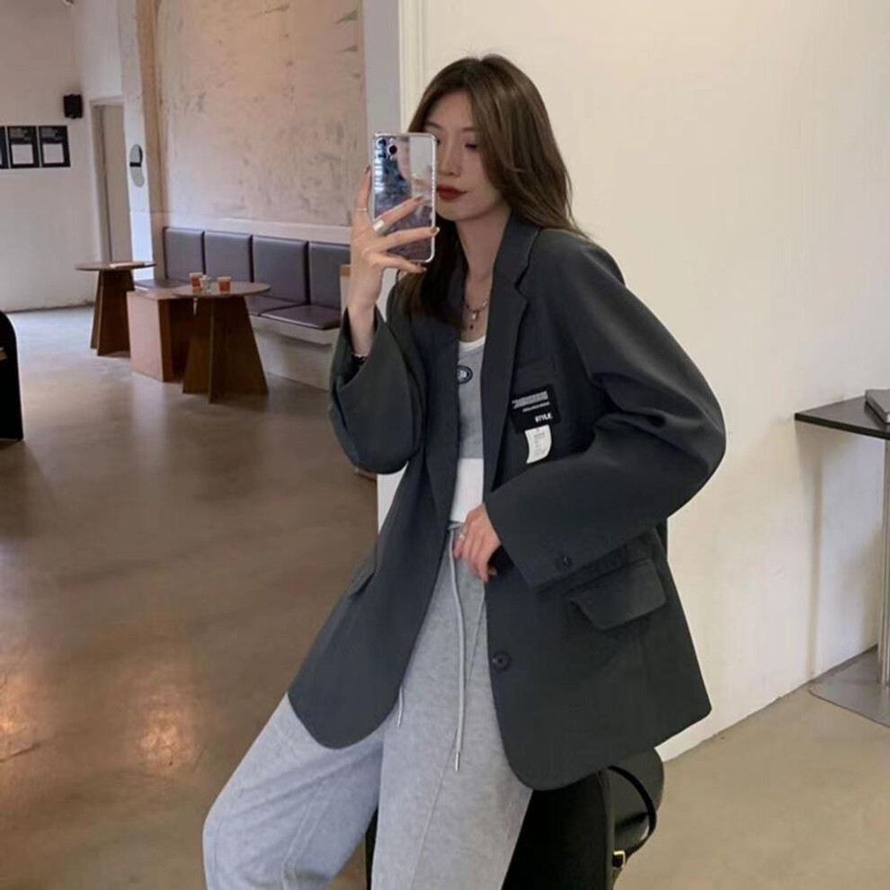 (grey, S) New Style Women Casual Blazer and Coat Long Sleeve Patch Black Grey Clothes