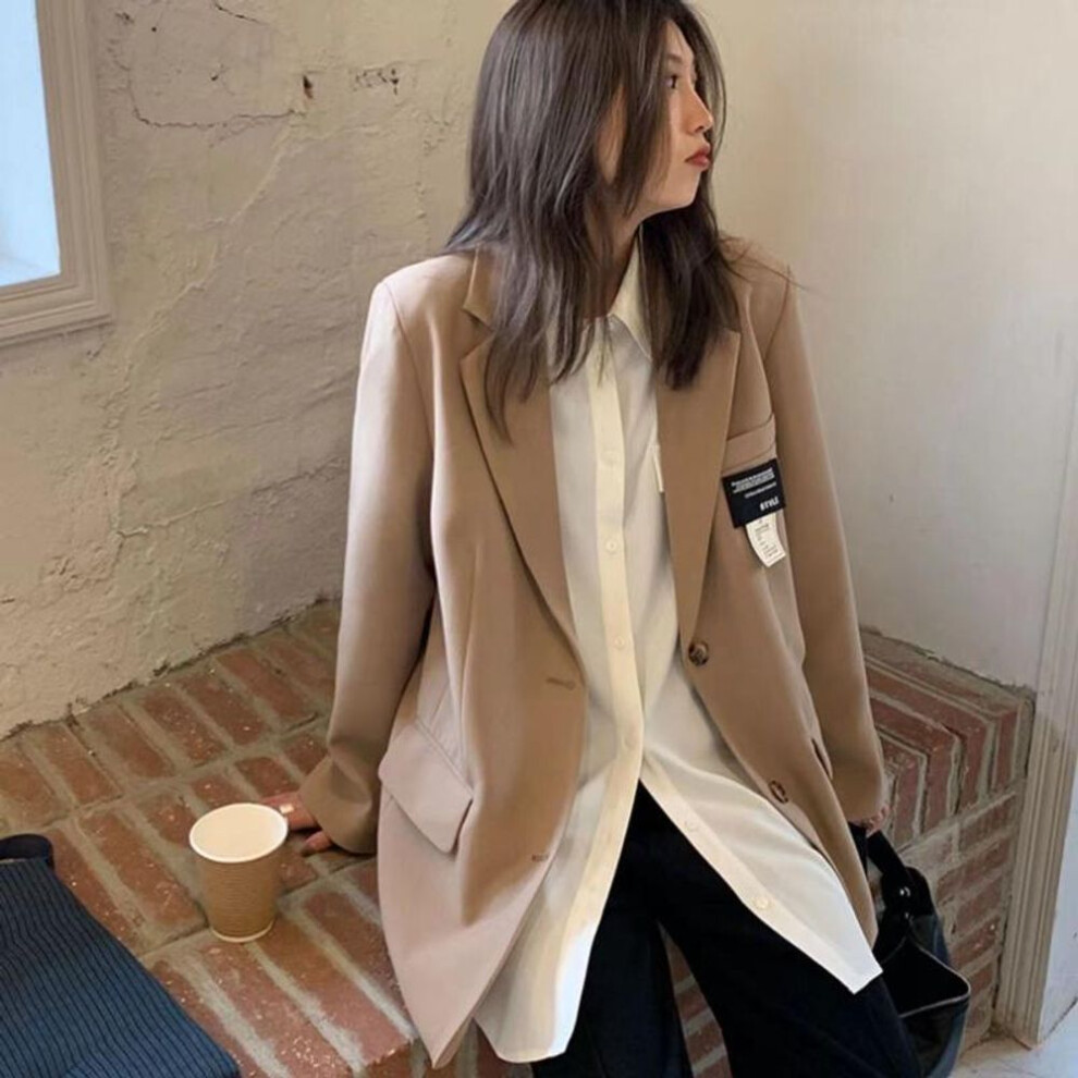 (khaki, S) New Style Women Casual Blazer and Coat Long Sleeve Patch Black Grey Clothes