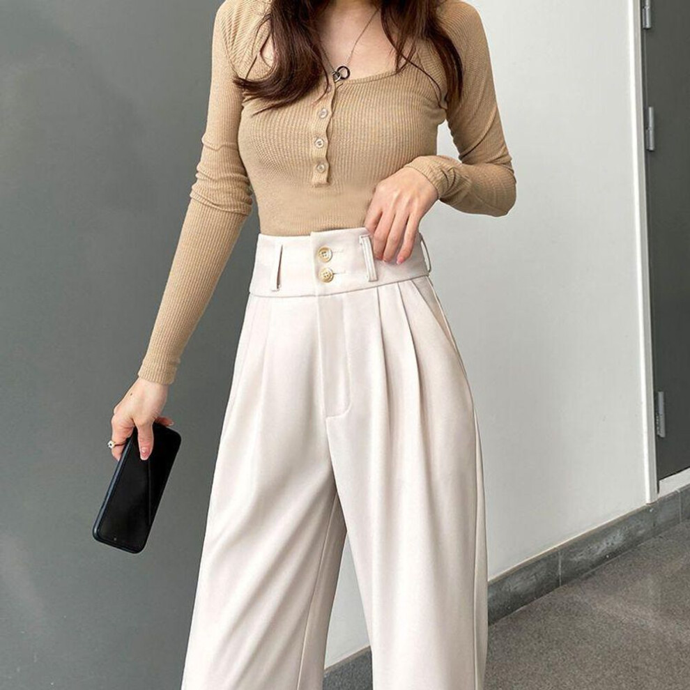 (beige, L) Spring High Waist White Wide Leg Pants Fashion Women Trousers For Office Lady
